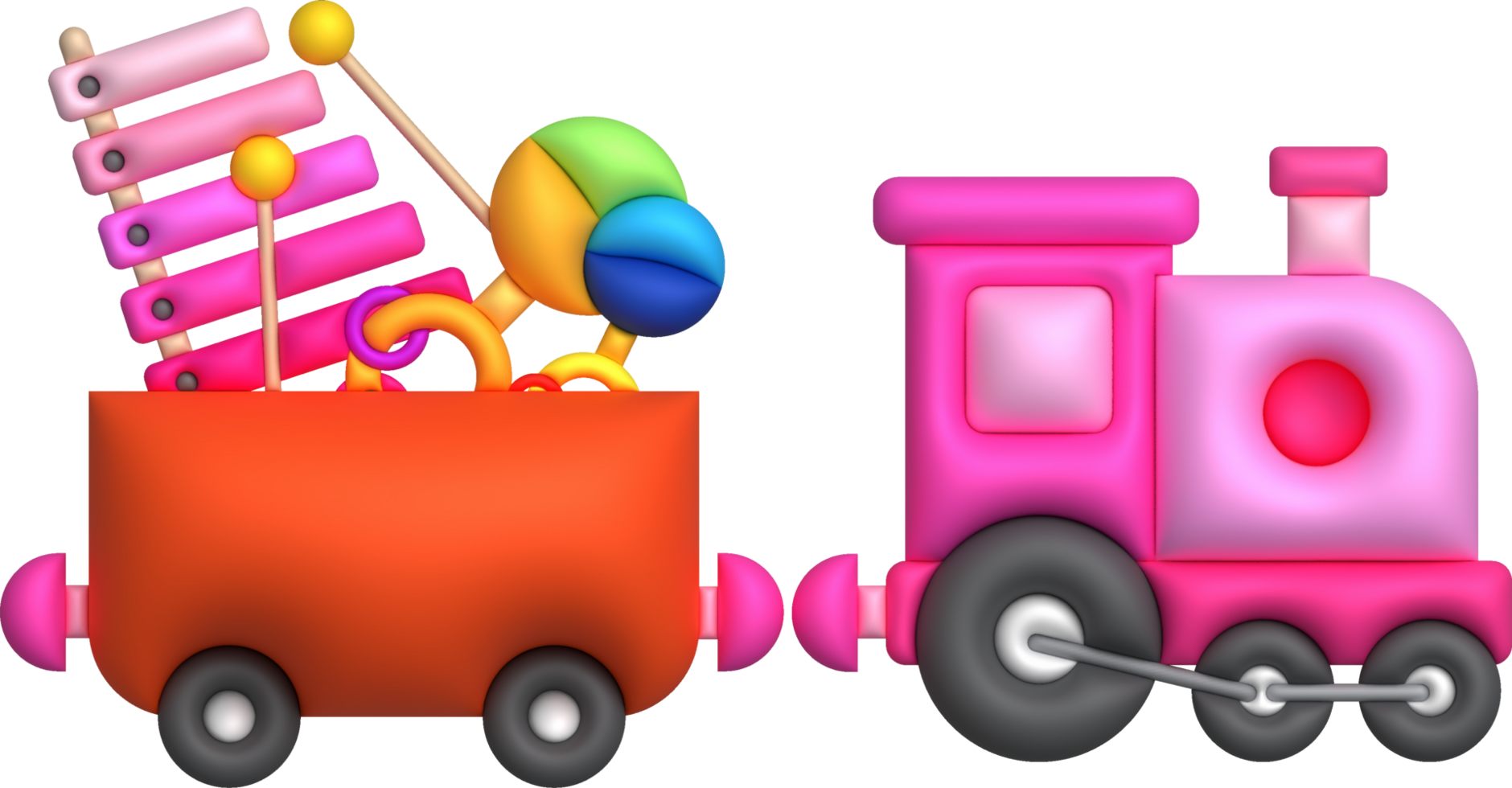 Kids toys box baby train container with toyshop rattles, xylophone set illustration png