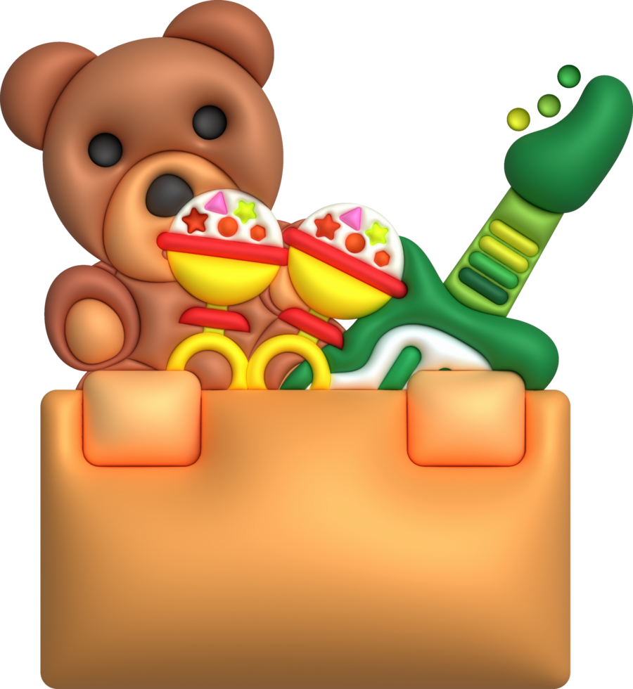 Kids toys box baby container with toyshop teddy bear guitar rattles set illustration png