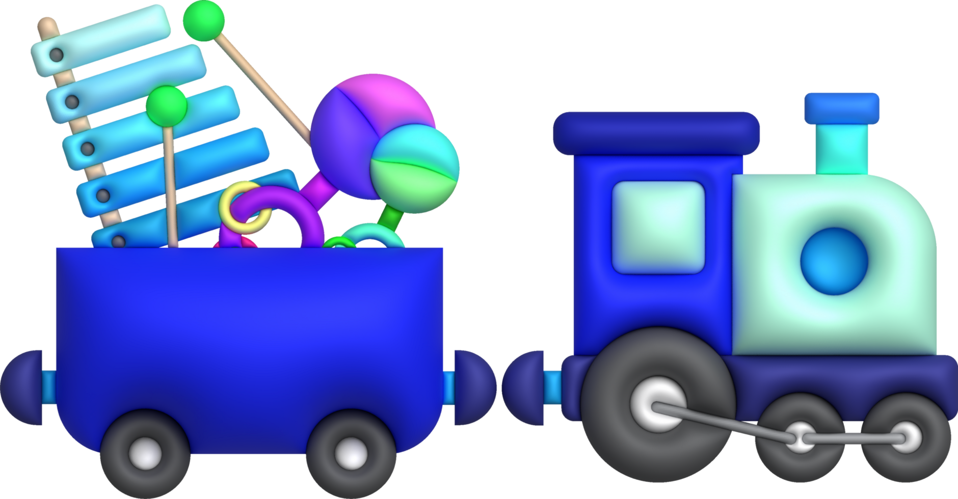 Kids toys box baby train container with toyshop rattles, xylophone set illustration png