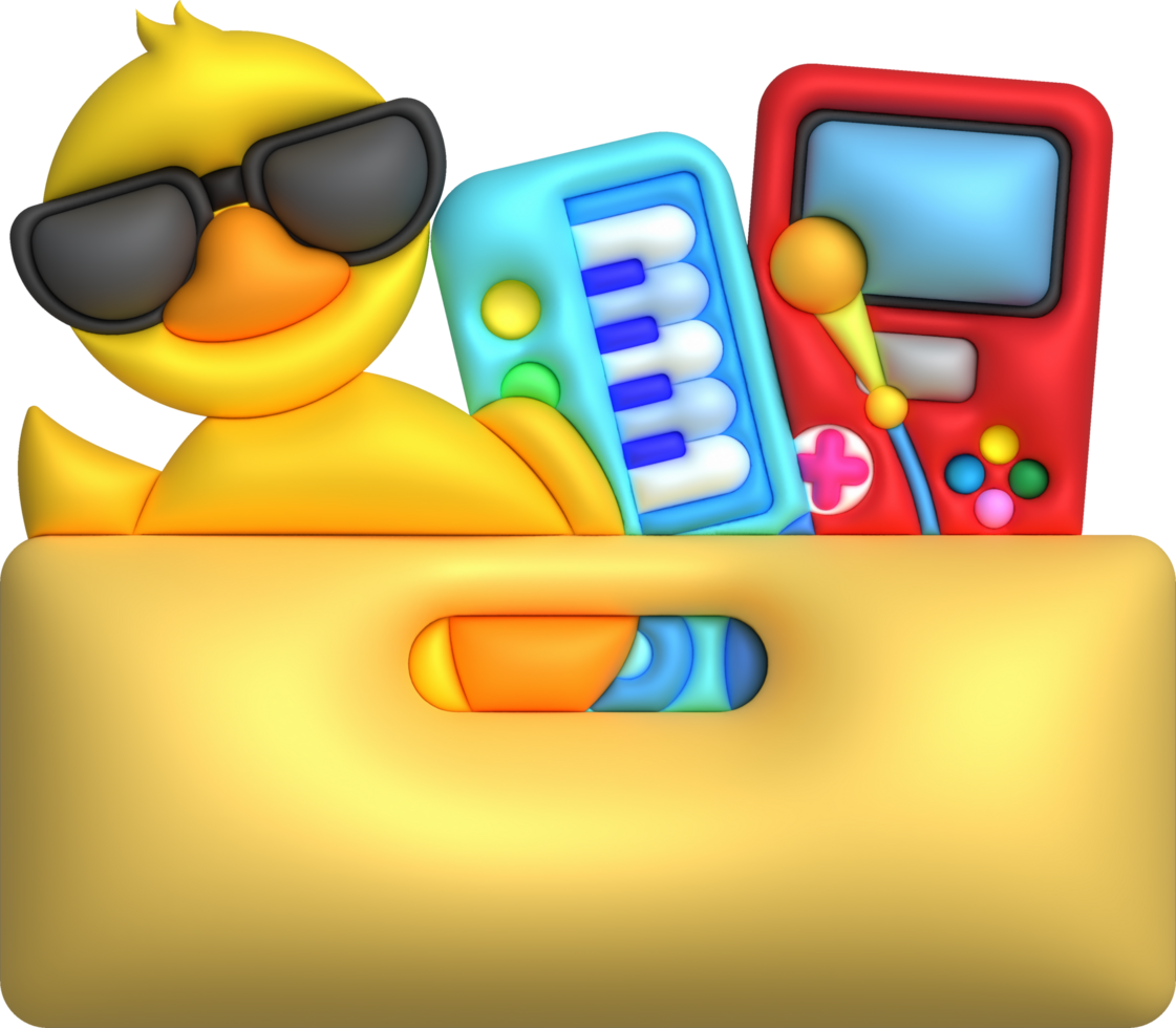 Kids toys box baby container with toyshop Rubber duck toy piano keyboard gamepad set illustration png