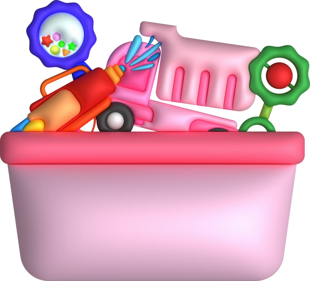 Kids toys box baby container with toyshop Water gun ,rattles ,piano keyboard set illustration png