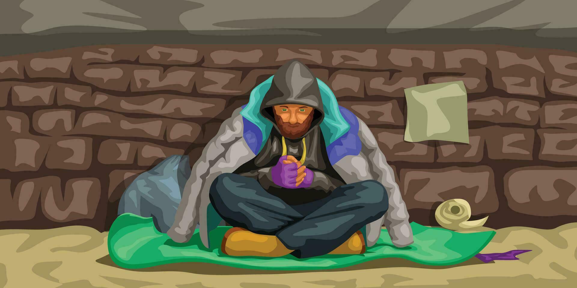 homeless man sitting at wall vector