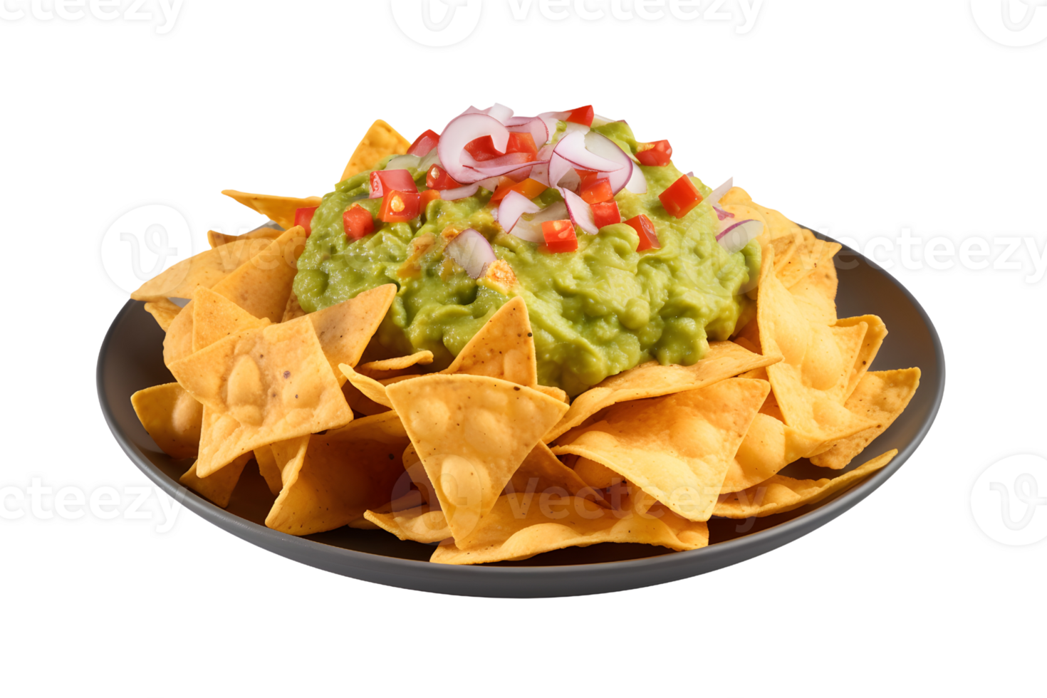 Plate of spicy nachos with guacamole isolated on transparent background