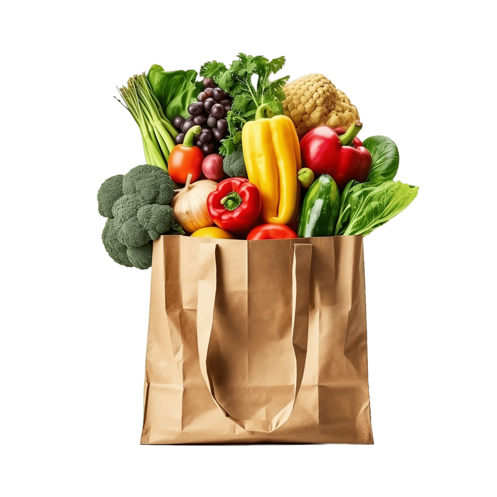 Paper bag full of healthy food isolated on transparent background. Generative AI png