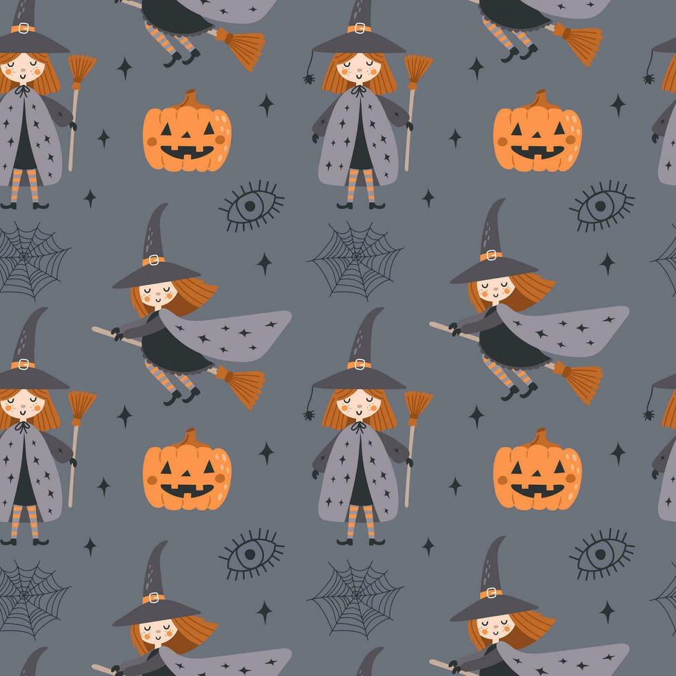 Halloween seamless pattern with hand drawn elements and  witch. Vector illustrations
