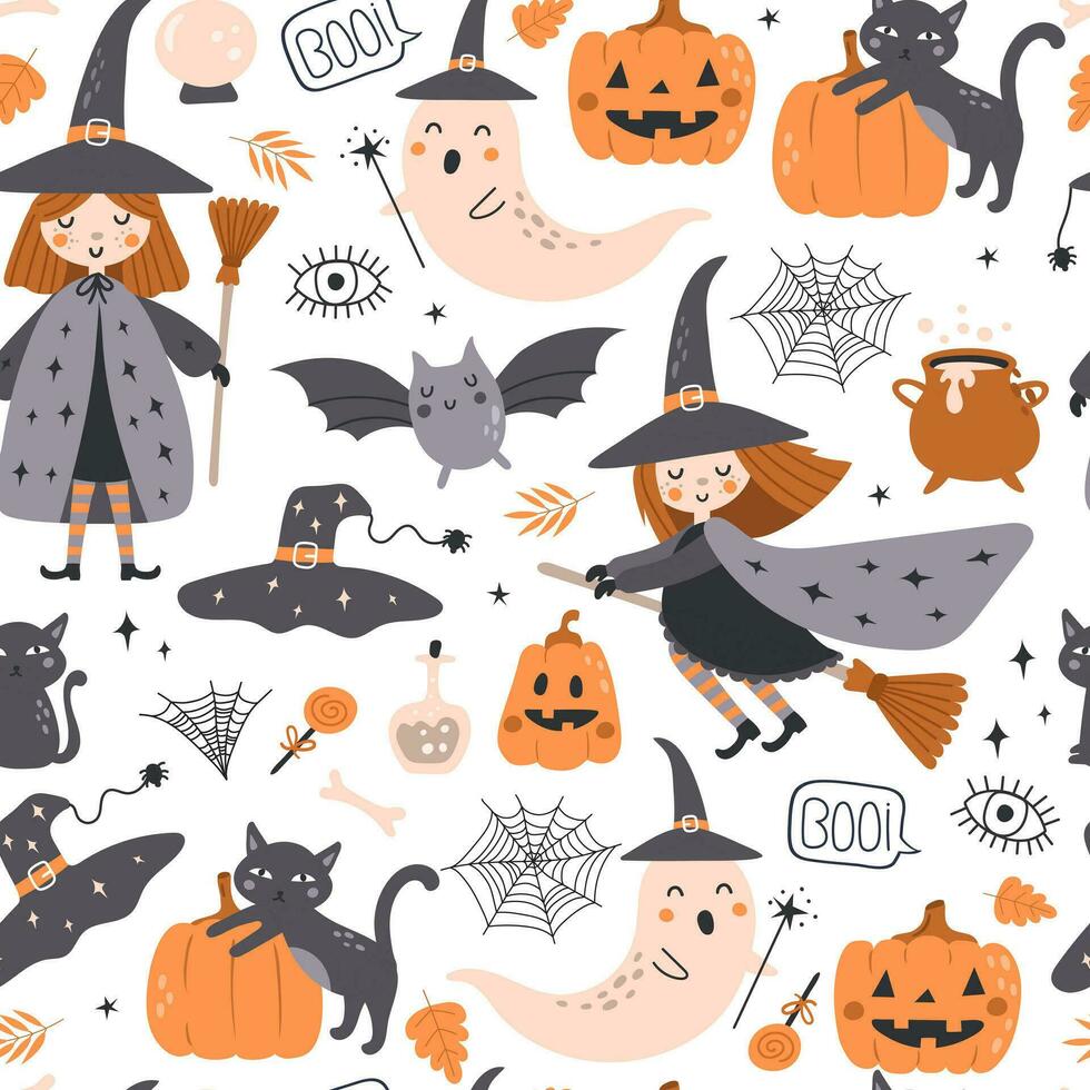 Halloween seamless pattern with hand drawn elements, with ghost and witch. Vector illustrations