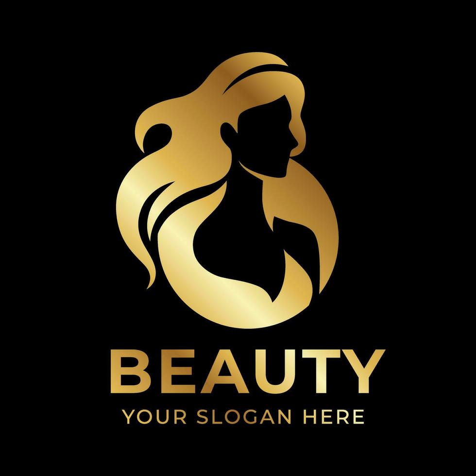 Elegant luxury gold logo with beautiful face of young adult woman with long hair. Sexy symbol silhouette of head and text lettering vector