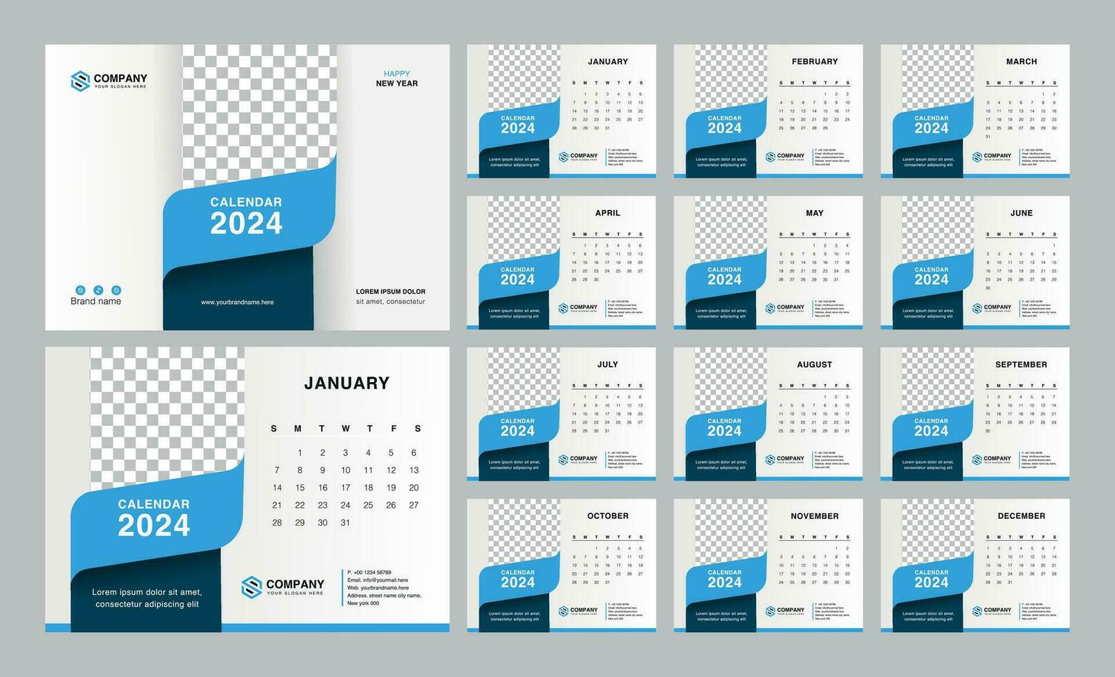 Desk Calendar 2024 template. Editable calendar design vector