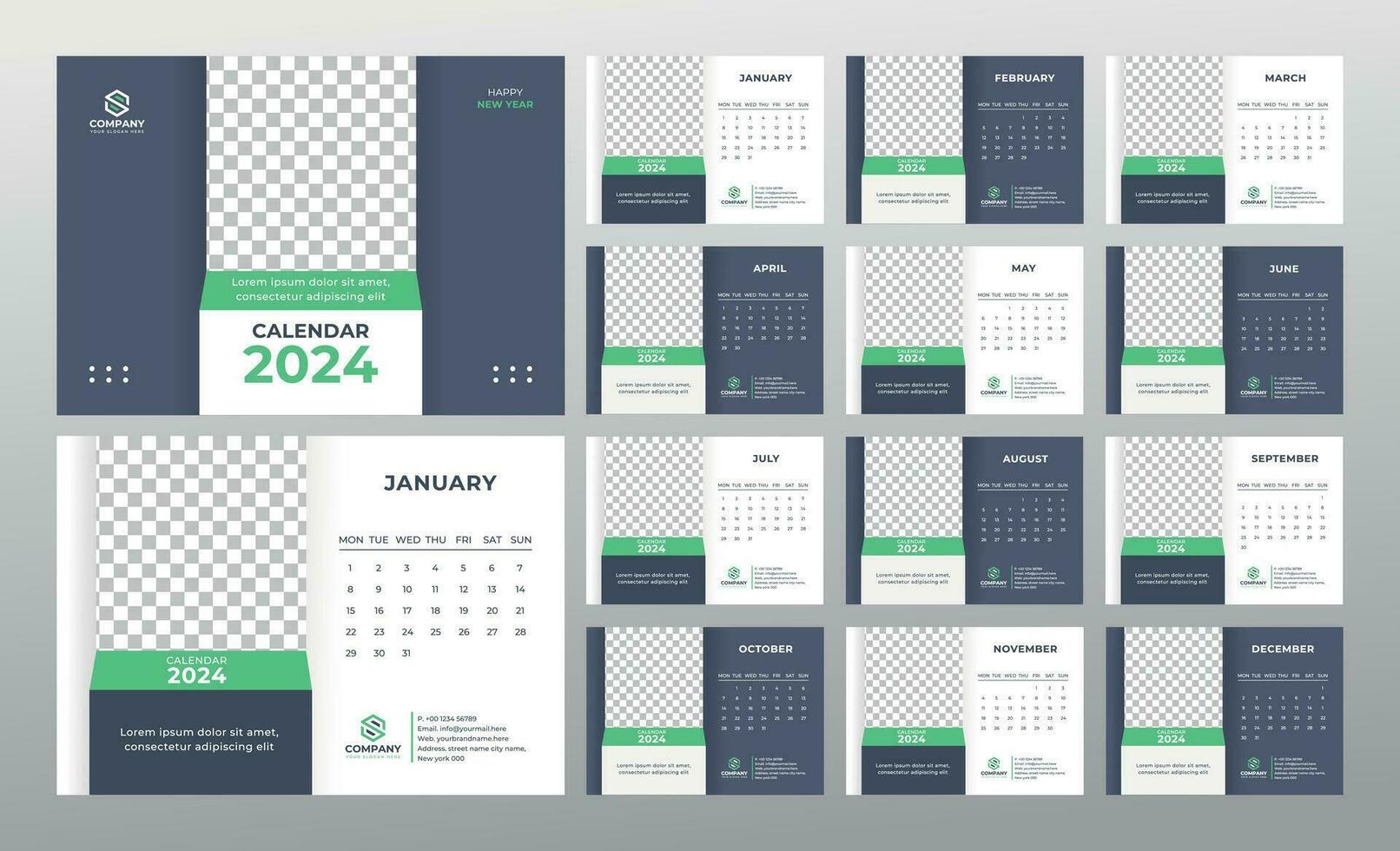 Desk Calendar 2024 template. Professional corporate calendar design. A5 Size vector