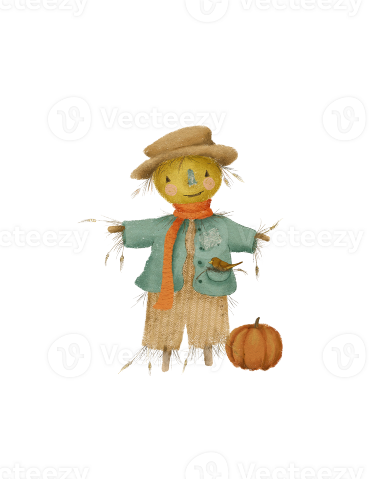 cute drawing of autumn scarecrow with bird and pumpkin for halloween or thanksgiving day png