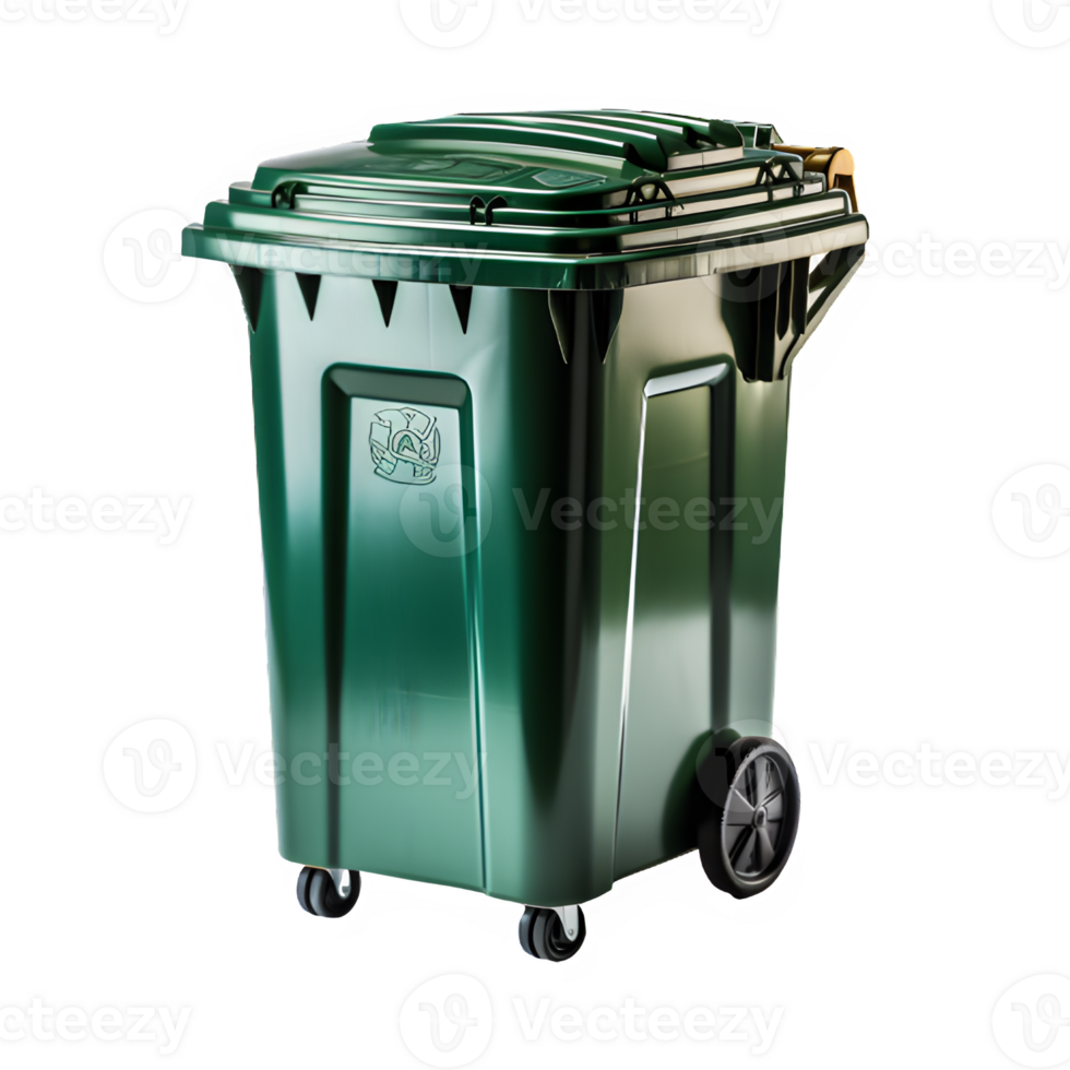 green garbage bin cut out png ,green trash can isolated on transparent background ,generative ai
