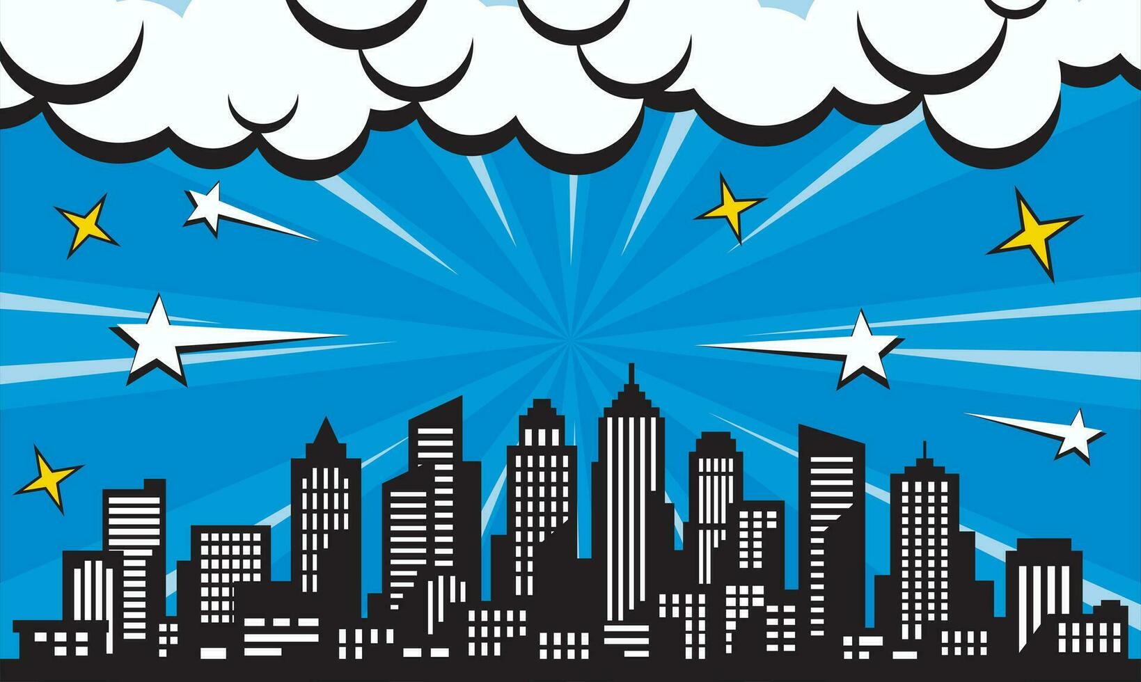 pop art comic background with city silhouette and cloud illustration. flat comic style background vector