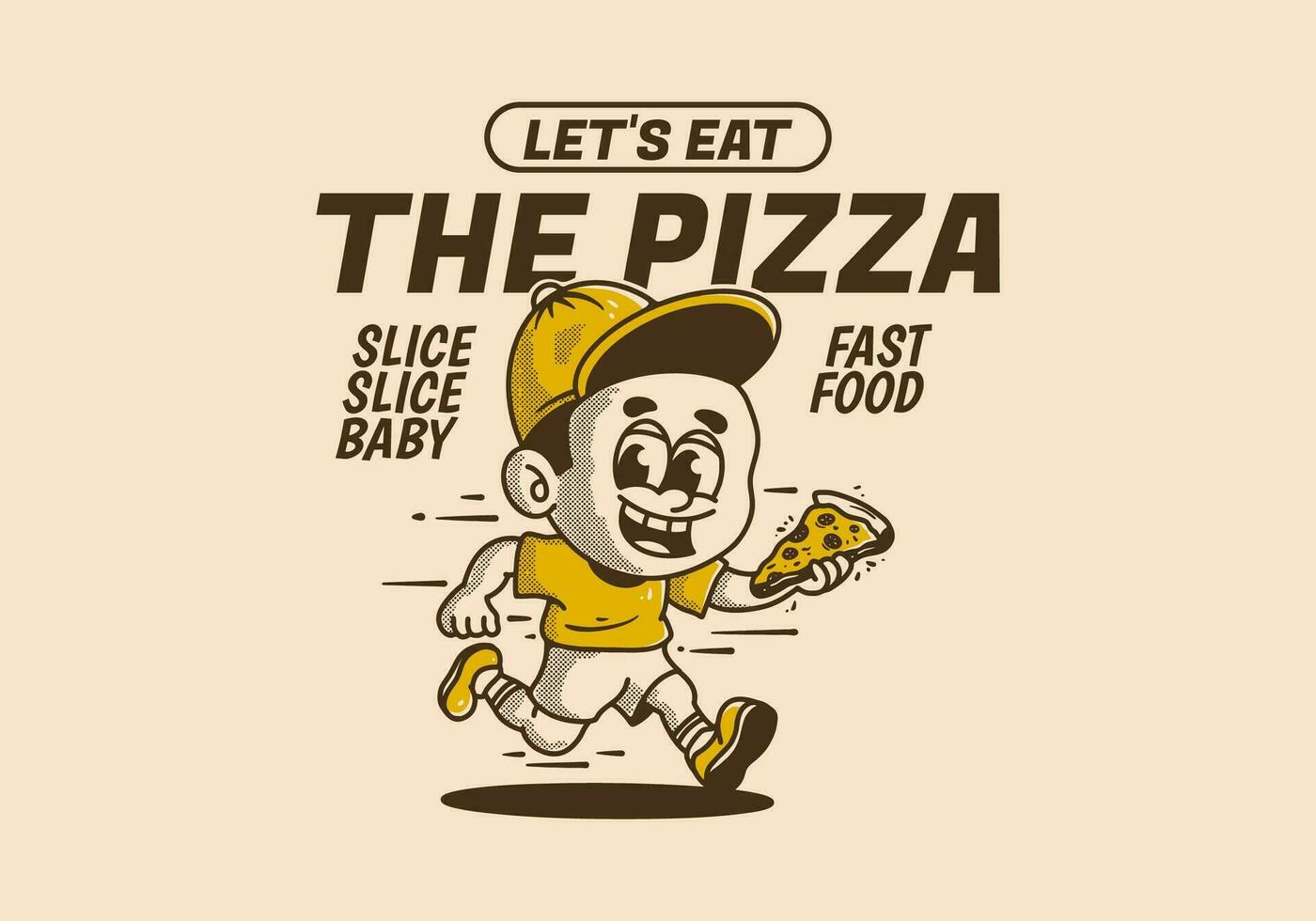 vamos comer el pizza, ilustración de un pequeño chico corriendo y participación un rebanada de Pizza vector