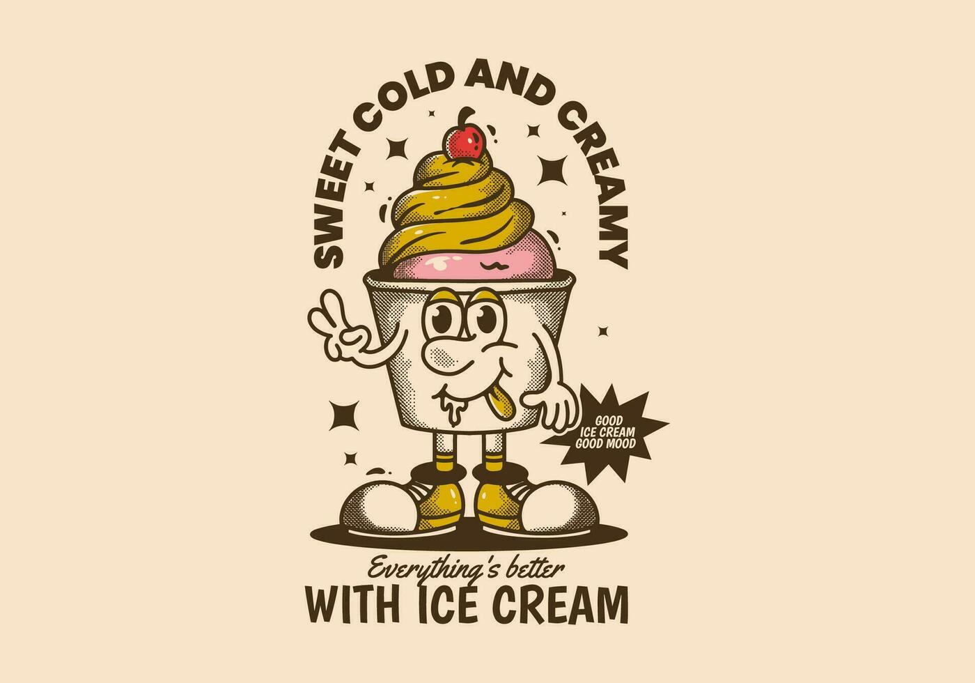 dulce frío y cremoso, todo es mejor con hielo crema. mascota personaje ilustración de hielo crema taza vector