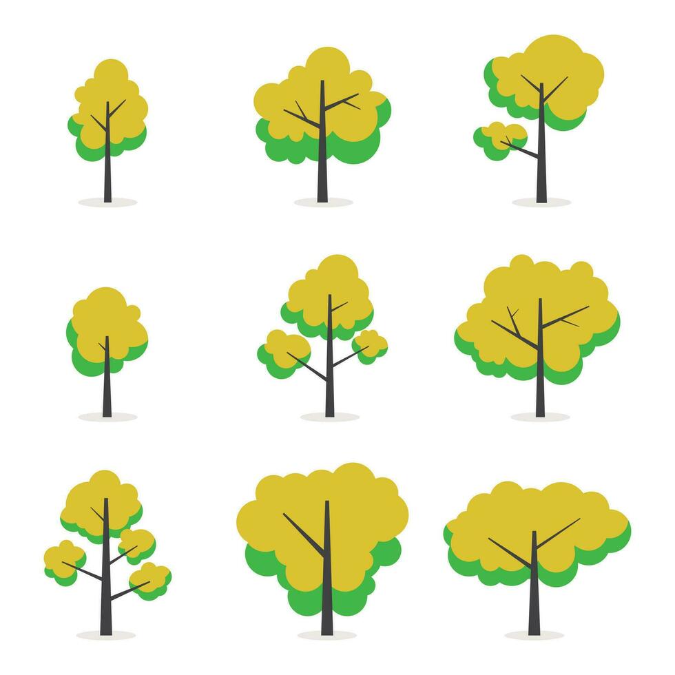 Illustration flat green trees set. Nature forest, plant, leaf, leaves in flat style design, isolated on white background. Vector icon