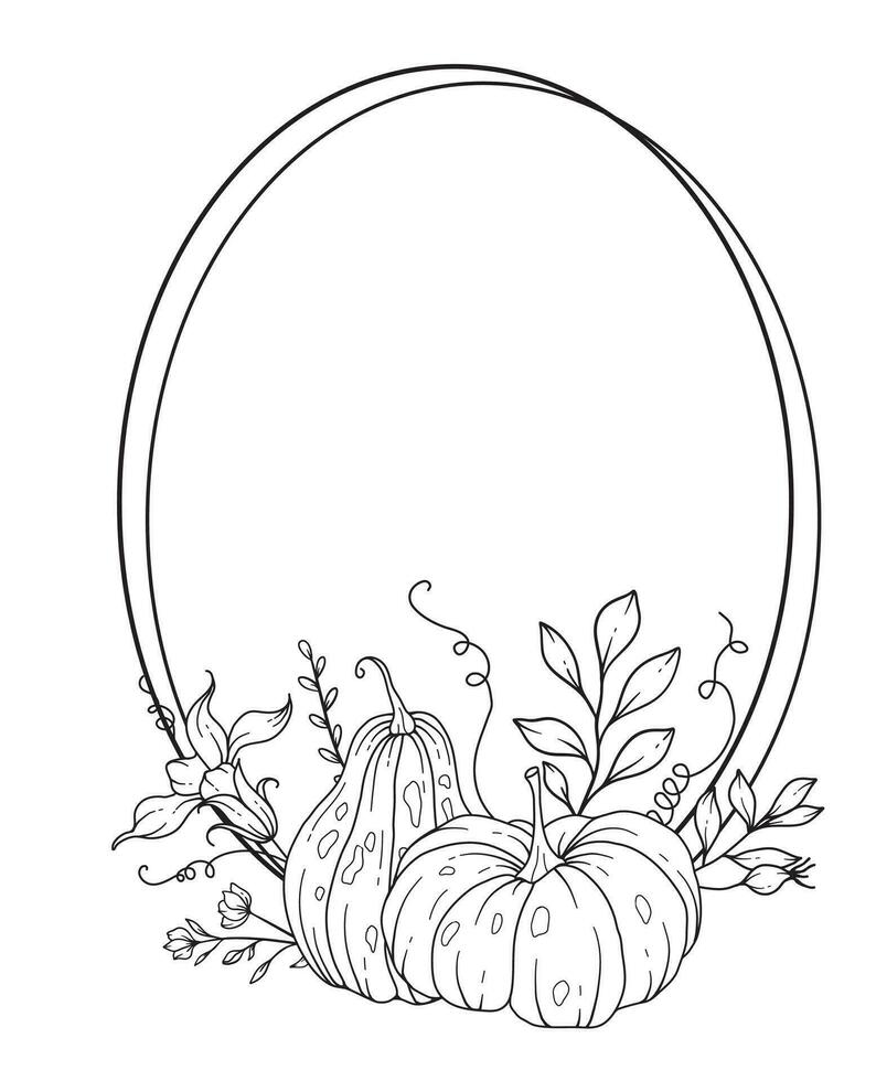 Thanksgiving Frame Outline. Pumpkins Line Art Illustration, Outline Pumpkin arrangement Hand Drawn Illustration. Coloring Page with Pumpkins.  Thanksgiving Pumpkins set vector