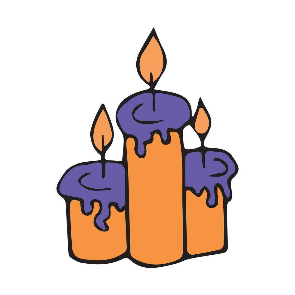 Three contour candles in doodle style on a white isolated background. Candles for Halloween. Vector illustration