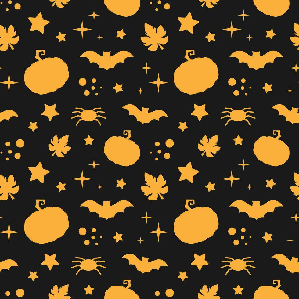 Monochrome Halloween seamless pattern. Vector illustration with festive elements and objects. Holiday background with pumpkins, bats, spiders and stars.