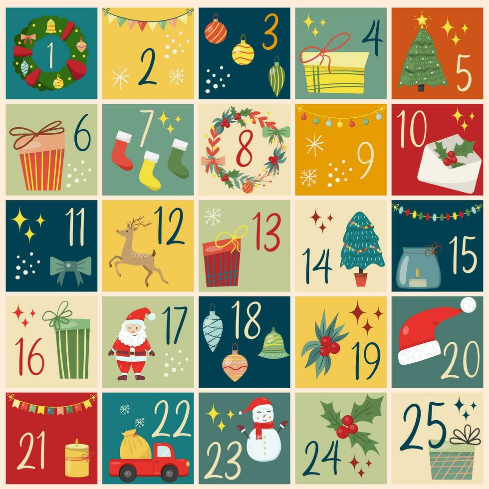 Christmas Advent calendar with hand drawn elements. Xmas Poster. vector