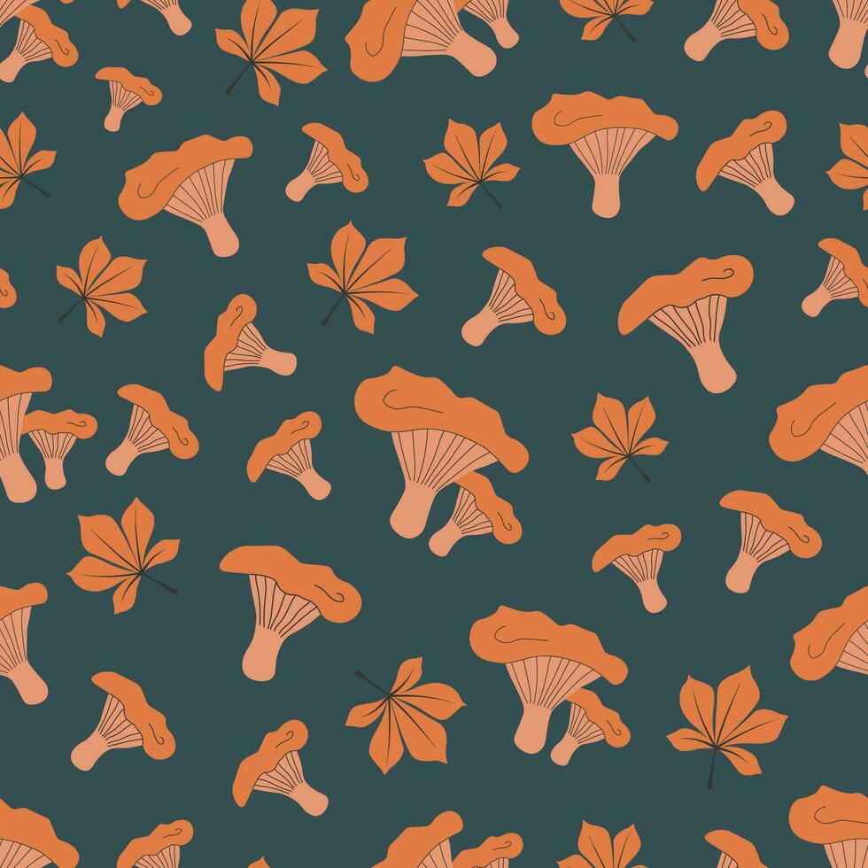Seamless pattern from mushrooms on a dark background. Pattern with mushrooms of different shapes. Design for baby fabric. Vector illustration.