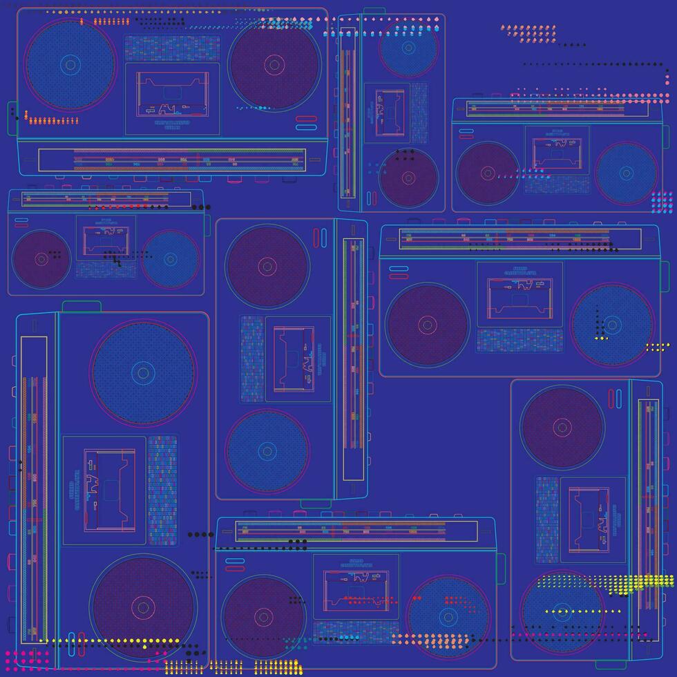 Retro cassette players flat design vivid colors outline vector illustration on blue background with risograph printing effect.