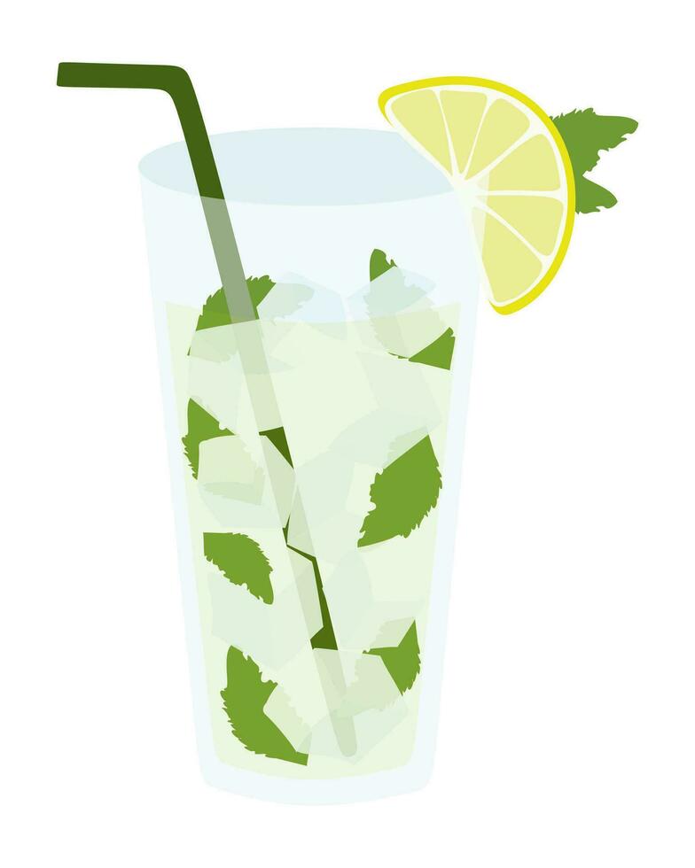 Lime Lemonade, Flat style Vector illustration. Cartoon Summer Beverage with straw, ice cubes, mint in Glass. Refreshing cold Fruit Drink. Graphic for Poster, Banner, Flyer.