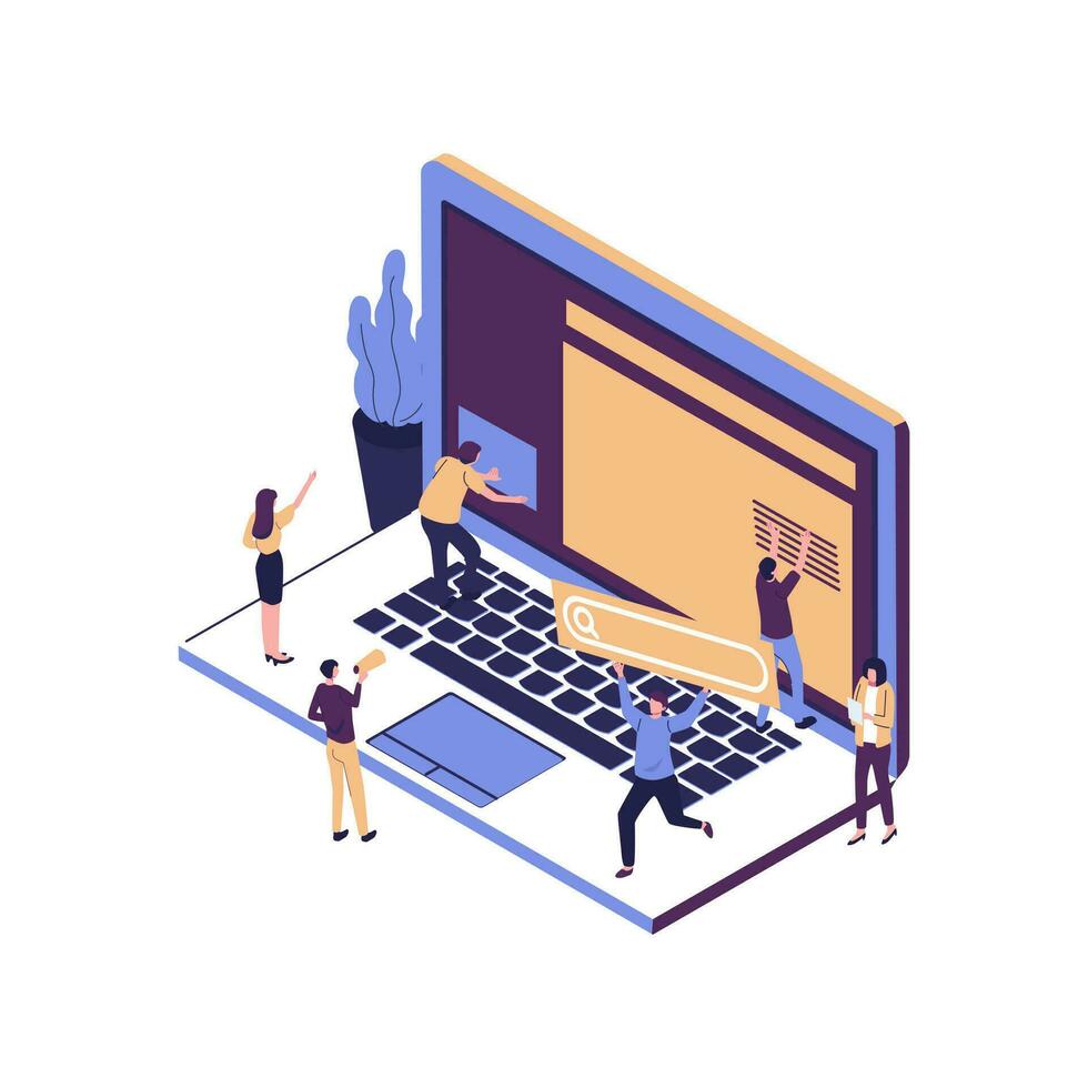 A team of people is developing a website by filling it with functions, concept vector illustration for the development of websites and mobile sites, SEO, mobile applications, business solutions, vecto