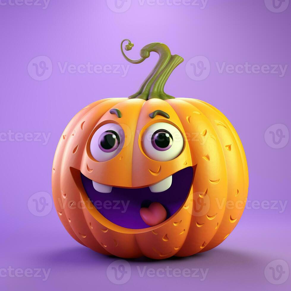 Halloween pumpkin with eyes and a smile on a light lilac background, 3D photo