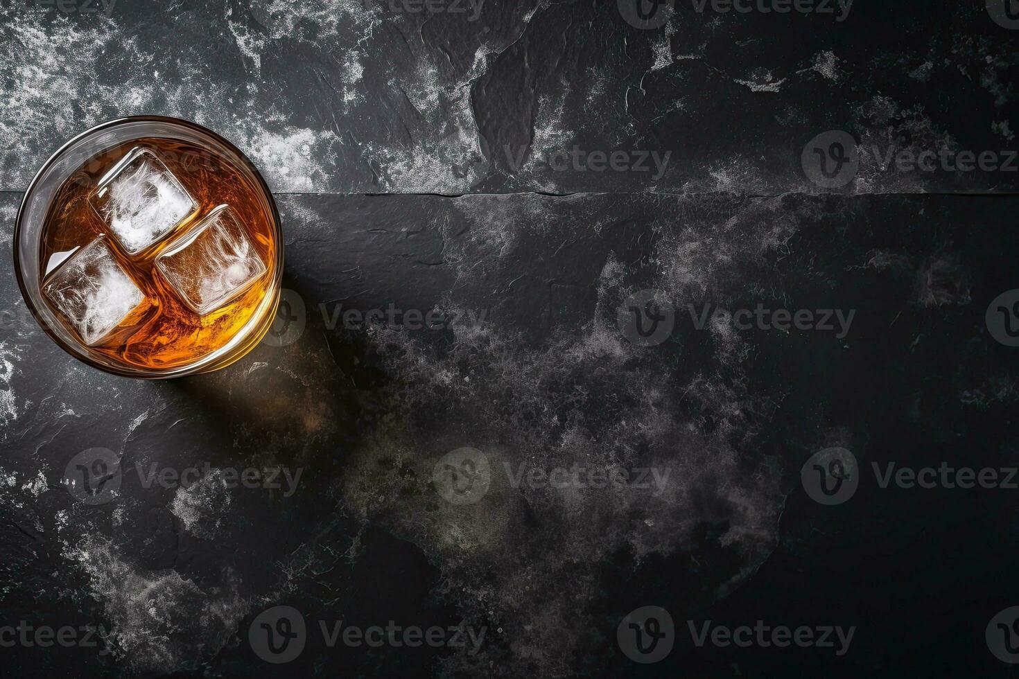 Whiskey with ice cubes on black marble background, top view.  Generative AI photo
