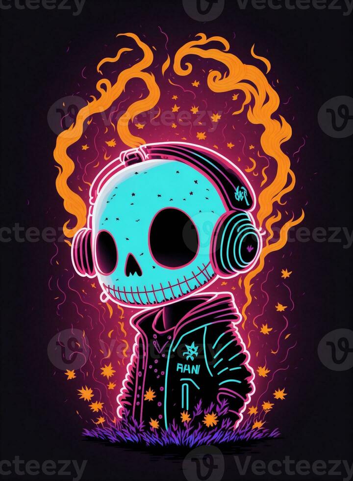 skeleton listening to music on dark background laser graphics for halloween photo