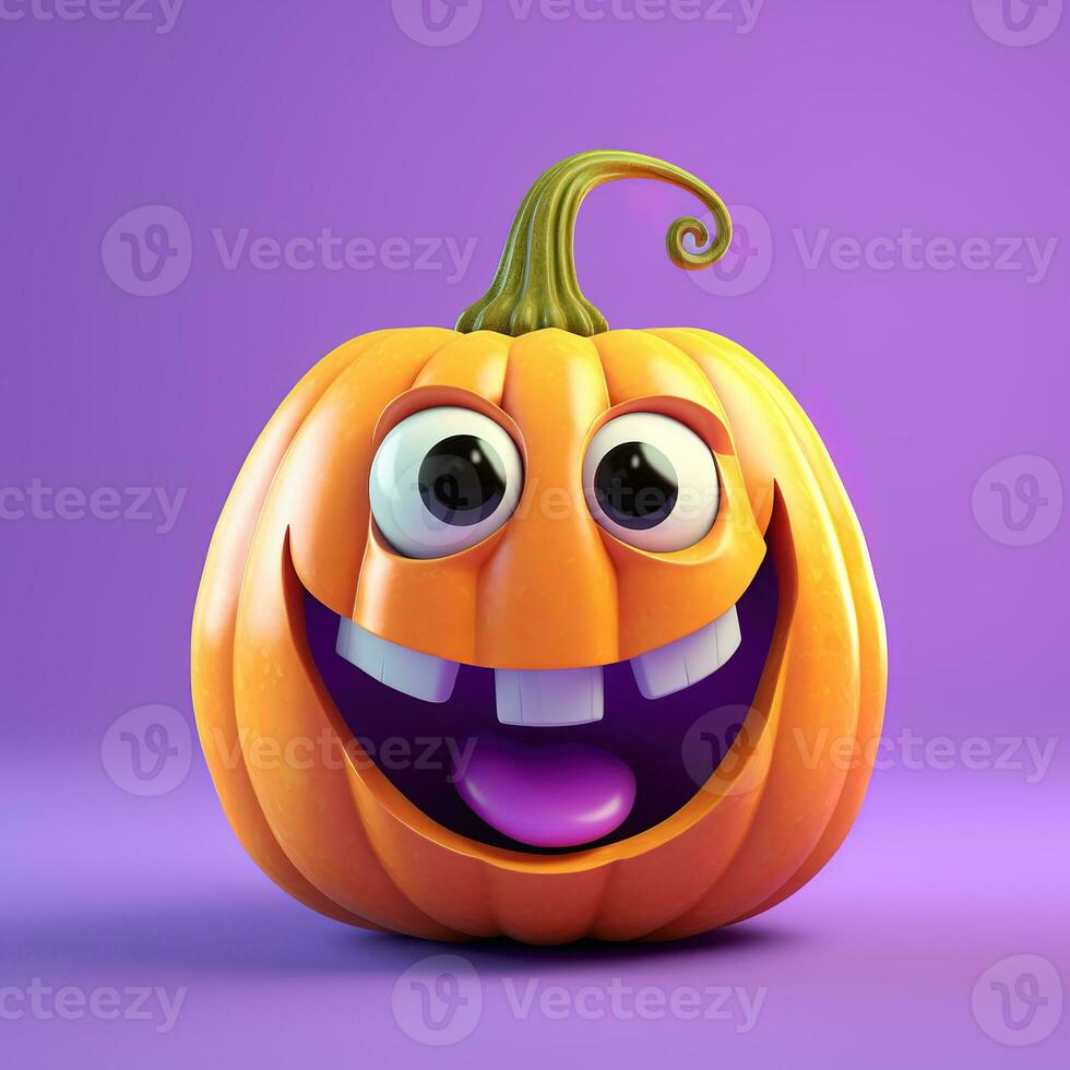Halloween pumpkin with eyes and a smile on a light lilac background, 3D photo