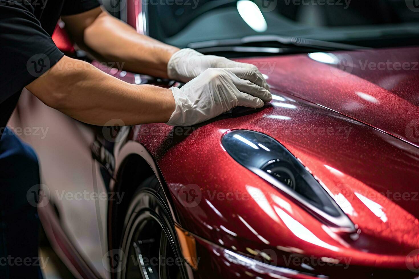 Close up of a auto body mechanic buffing a scratch on sports car. Generative AI photo