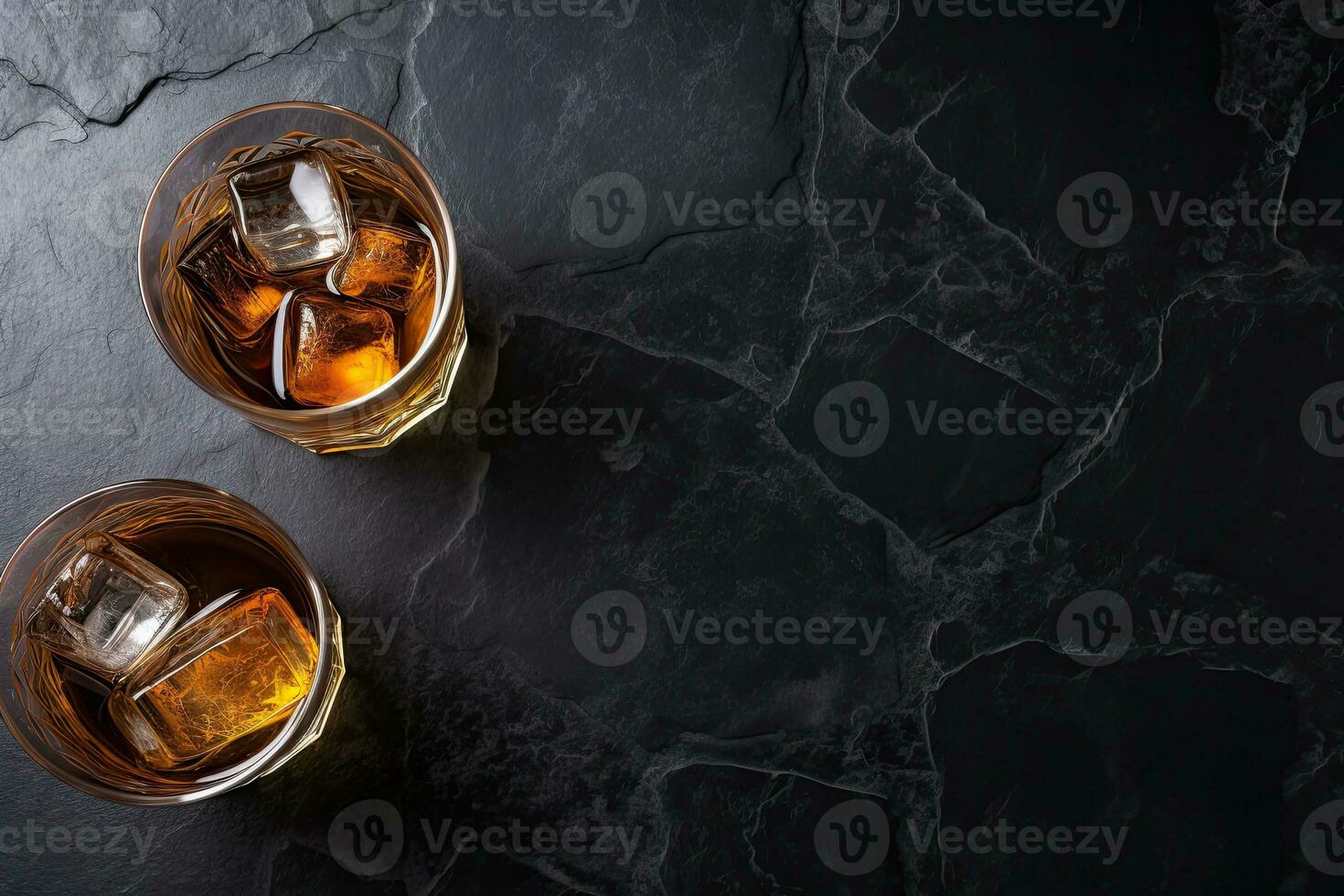 Whiskey with ice cubes on black marble background, top view.  Generative AI photo