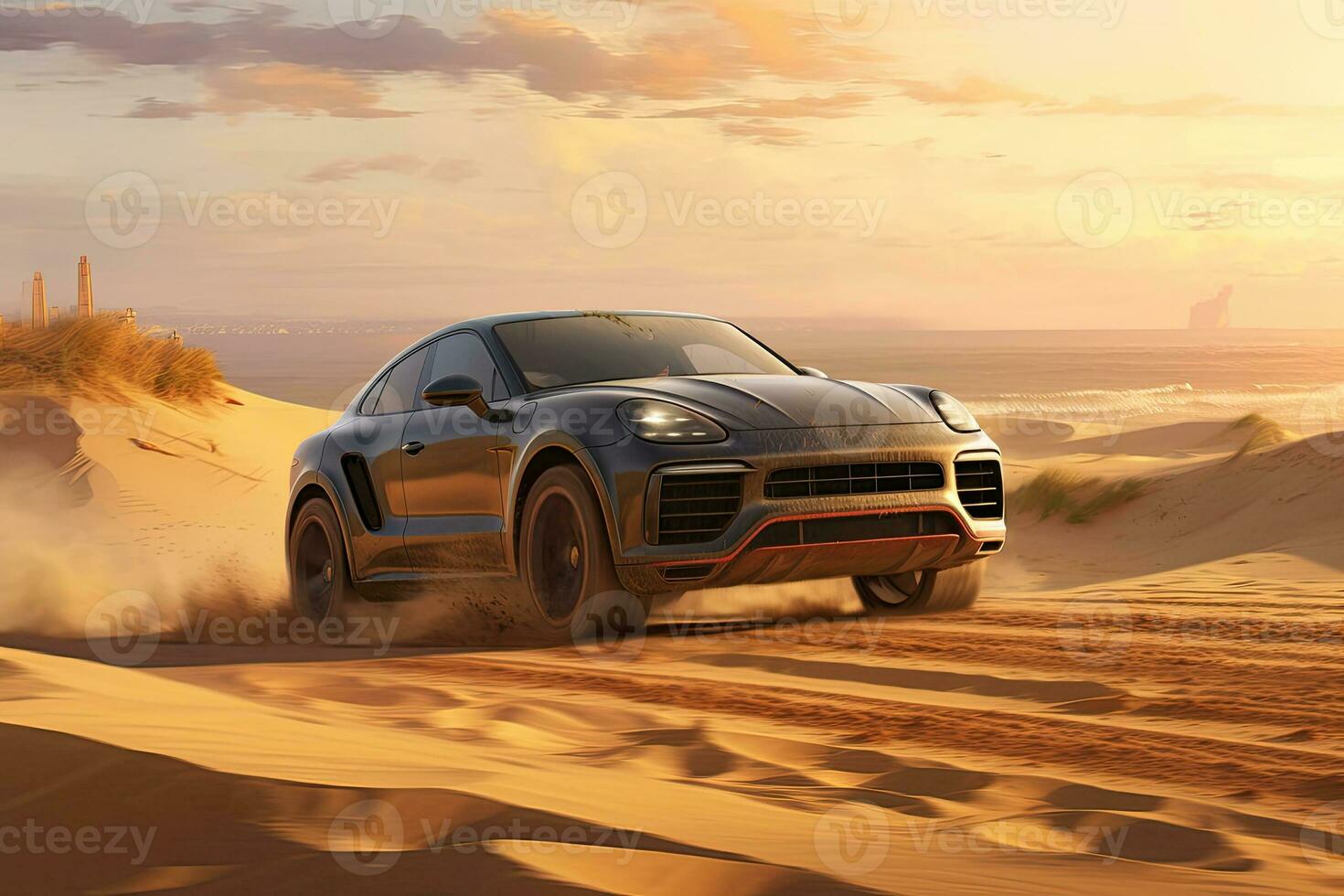 luxury car on sand dunes. Generative AI photo