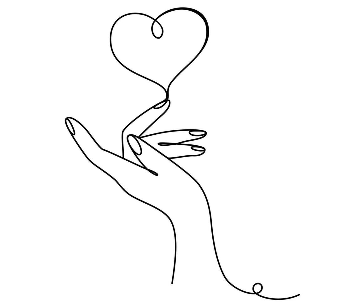 One continuous line drawing of hands holding heart. Concept of love relationship symbol in simple linear style. Volunteer organization. Editable stroke. Doodle Vector illustration