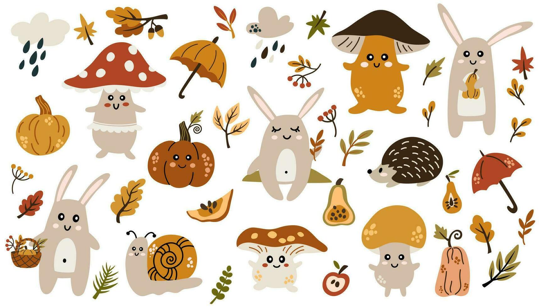 Autumn set, mushrooms characters, rabbits, hedgehog, snail, clouds, pumpkins and various leaves and berries. Scrapbook collection of fall season elements. Harvest time. Vector Illustration