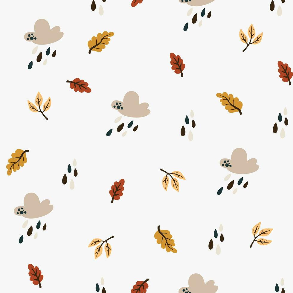 Autumn pattern with clouds, rain drops and leaves. Creative background for fabric, textile, scrapbooking and prints. Vector illustration.