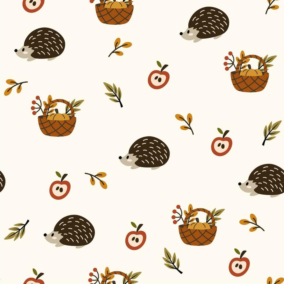 Autumn vector background with cute hedgehog and wicker basket with harvest. Woodland baby animals seamless pattern. Creative background for fabric, textile, scrapbooking, prints. Vector illustration