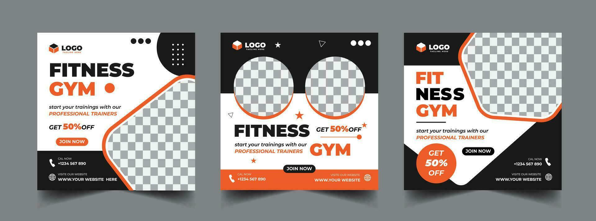 Gym, fitness, and sports social media post template design set. Usable for social media, banner, and website. vector