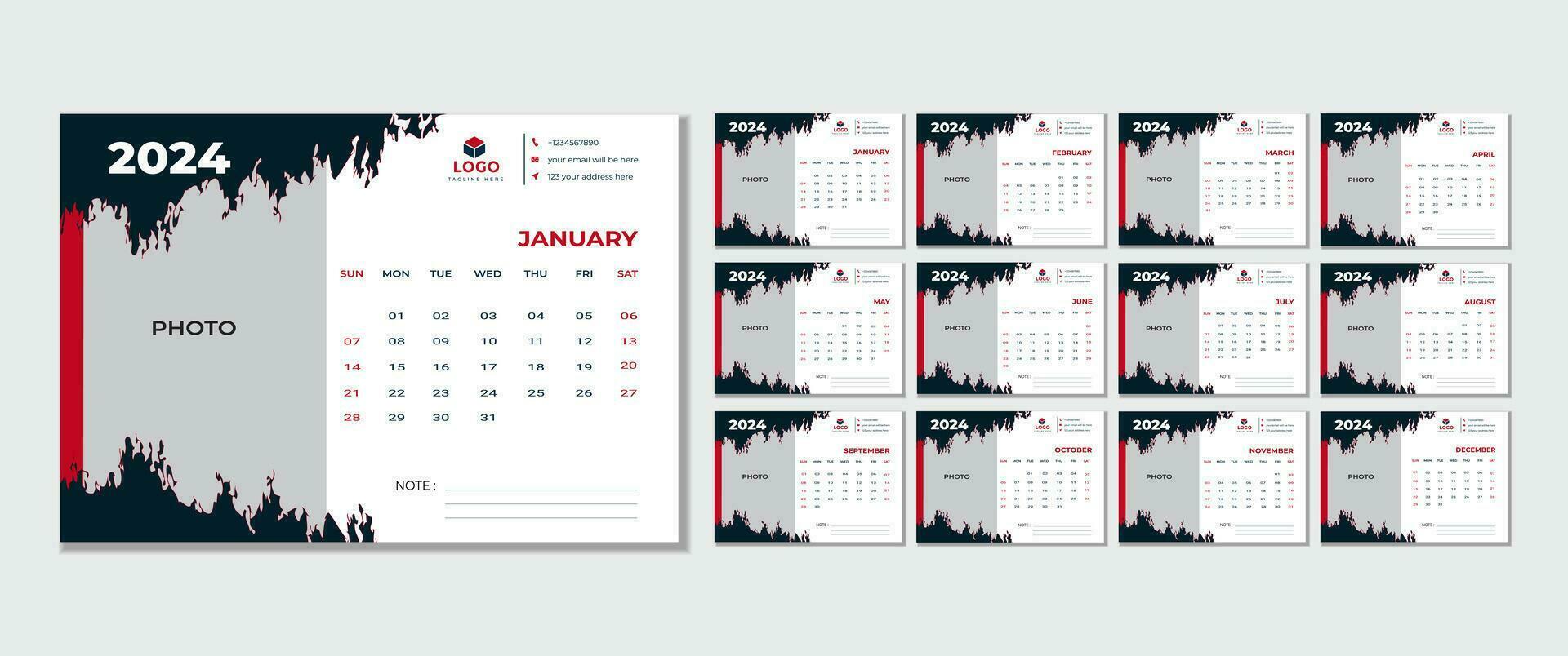 Monthly calendar template for 2024 year, Calendar 2024 week start Sunday corporate design planner template. vector