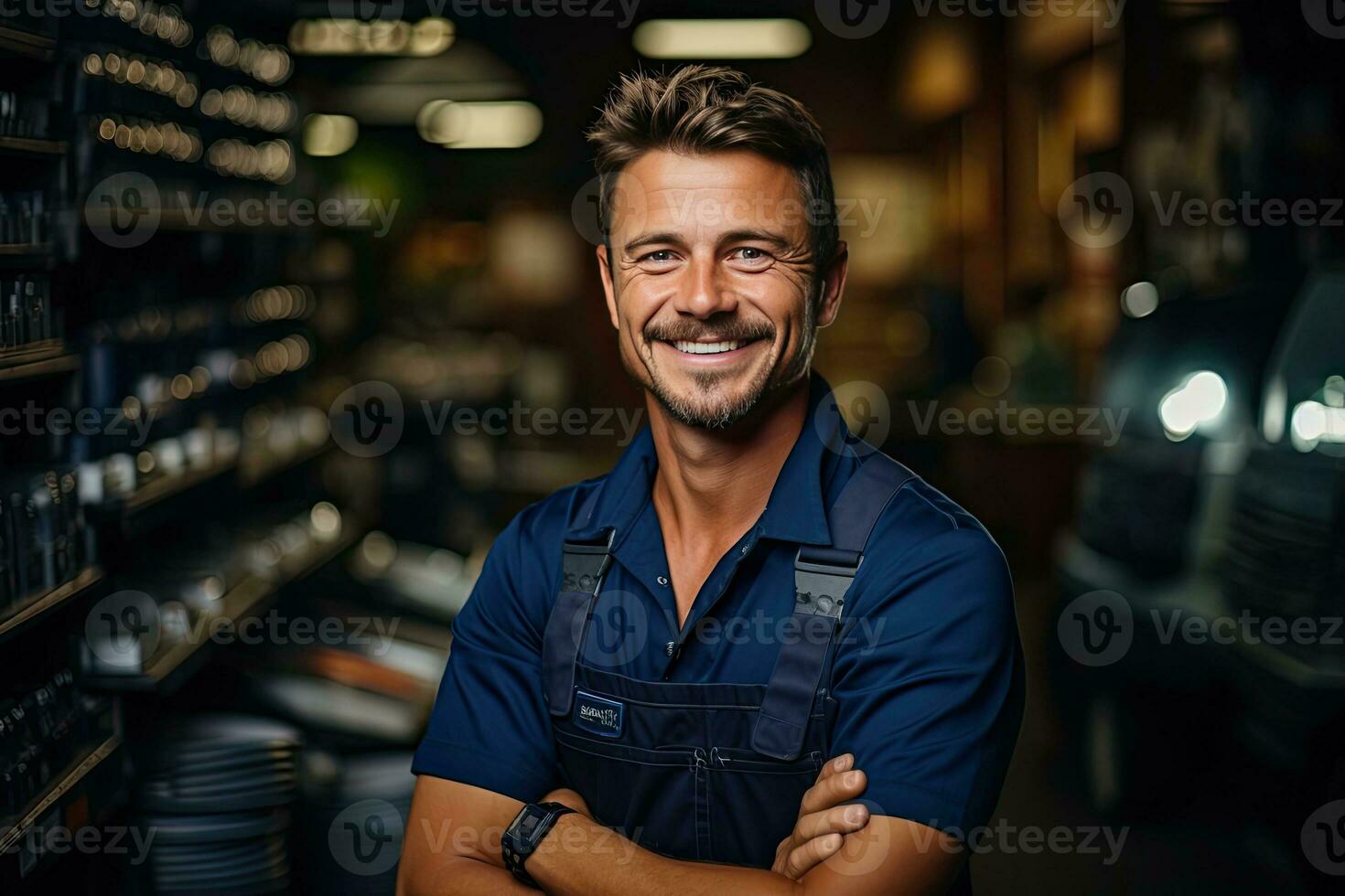 Technician, male auto mechanic in coverall in modern auto repair shop, garage. Generative AI photo