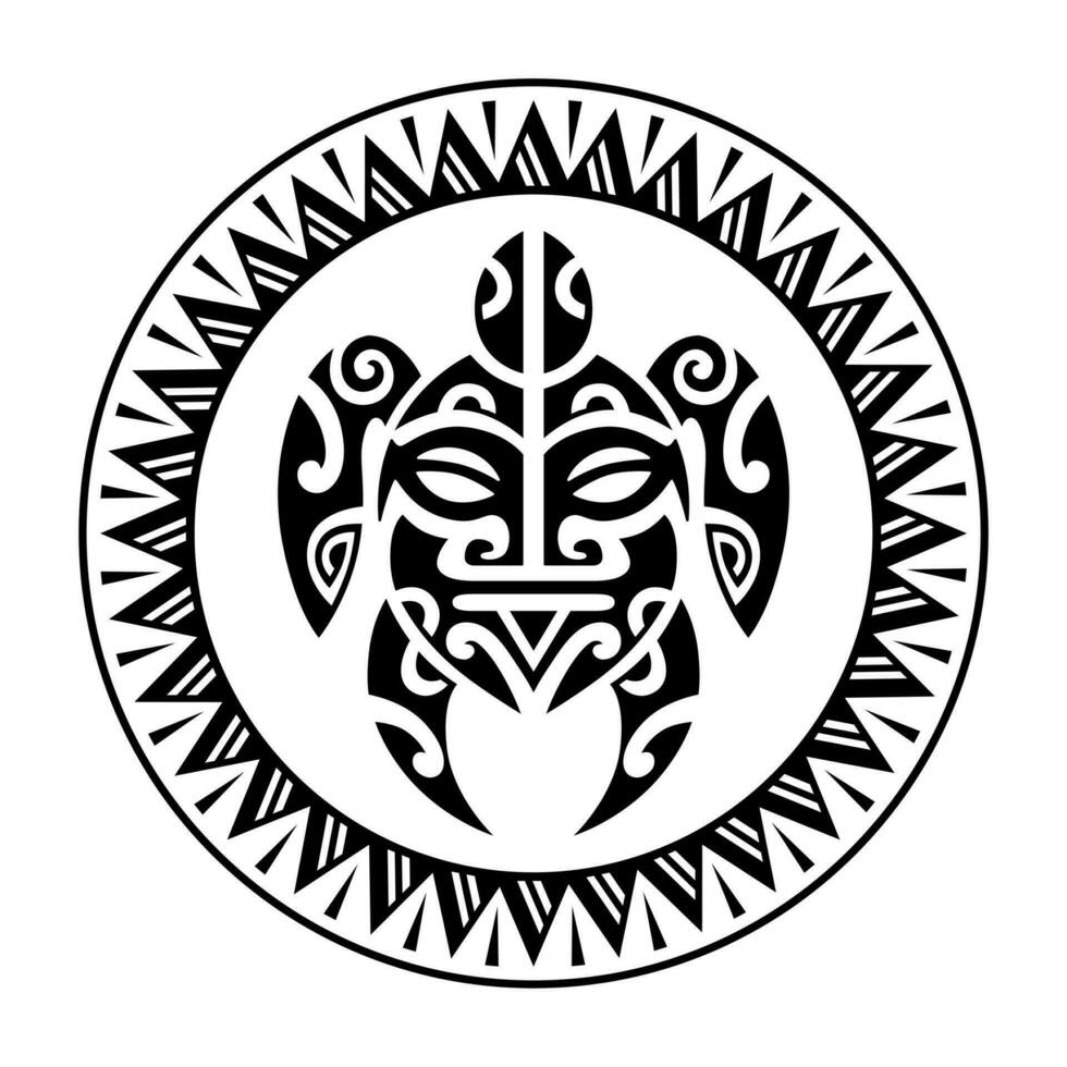 Sea turtle round circle ornament Maori style. Tattoo sketch. Black and white vector