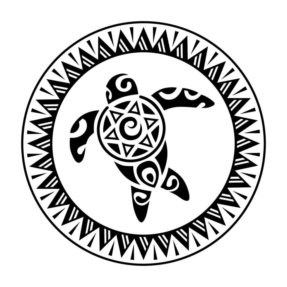 Sea turtle round circle ornament Maori style. Tattoo sketch. Black and white vector