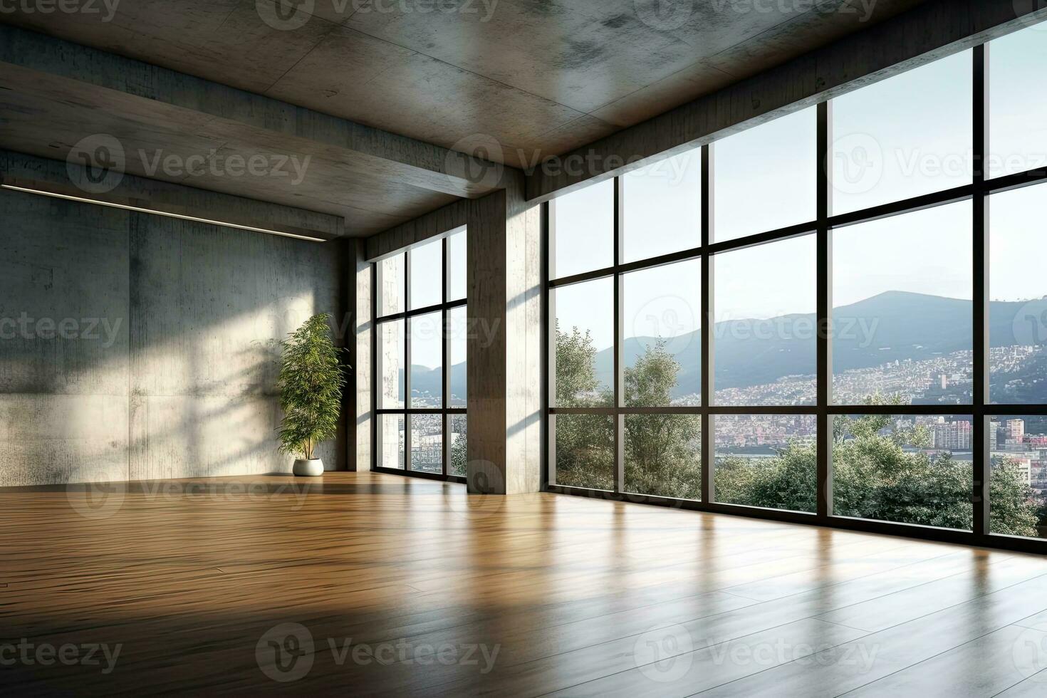 Empty room with panoramic window and mountain view. Generative AI