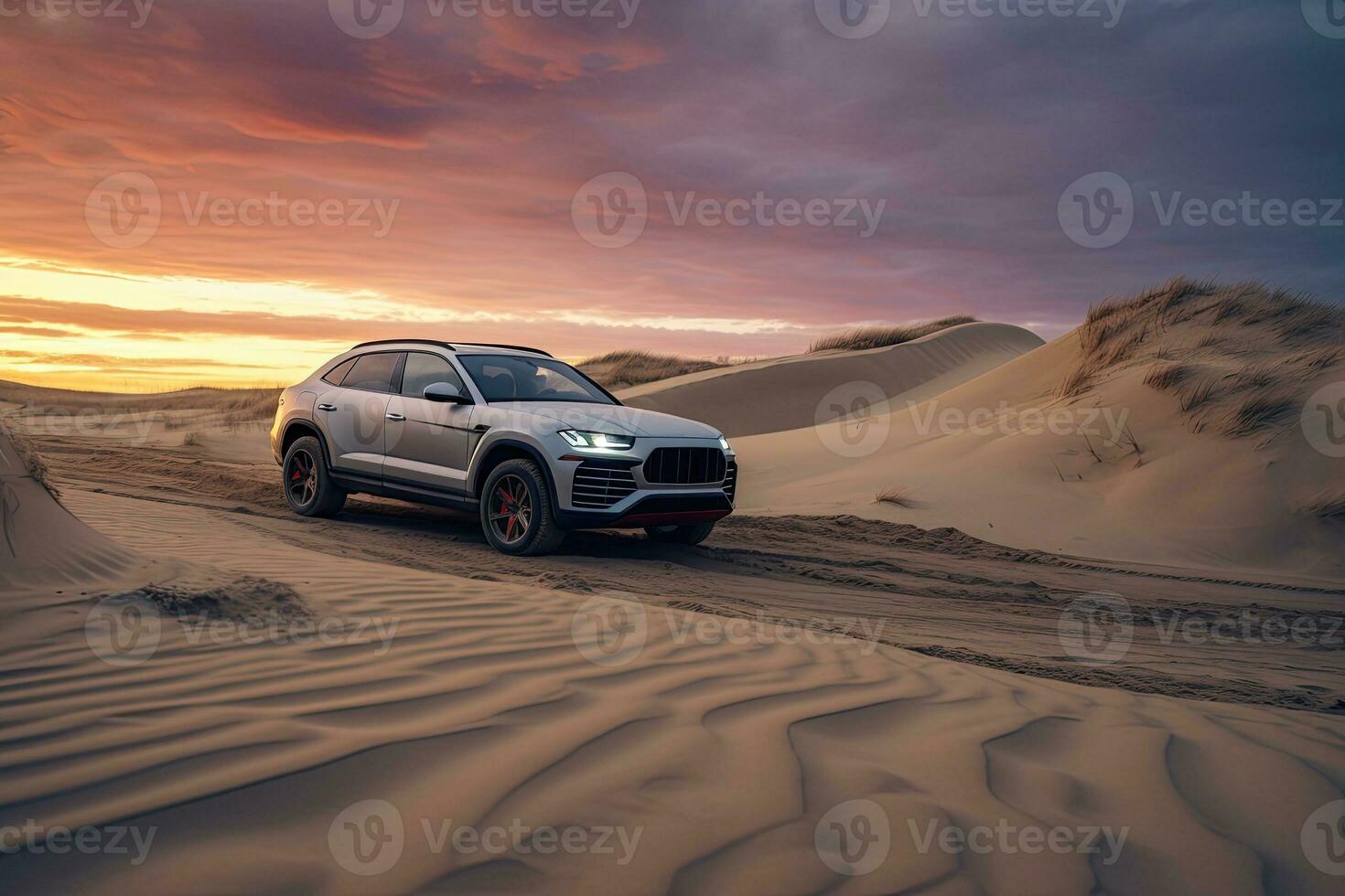 luxury car on sand dunes. Generative AI photo