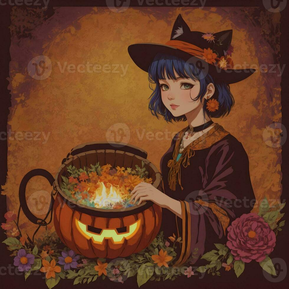 Woman wearing witch hat with spooky pumpkin, Halloween concept. photo