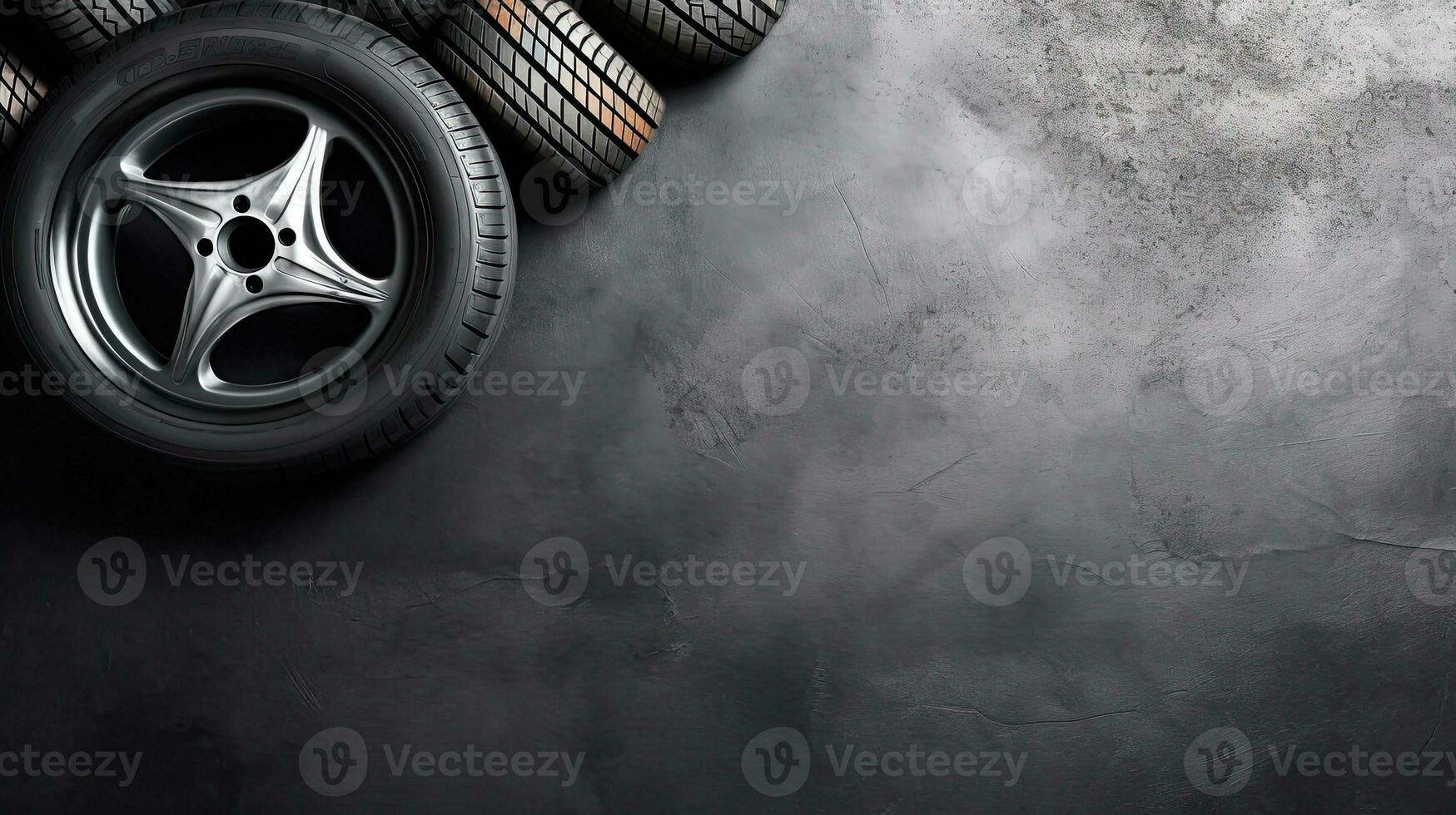 Car tires on black background. Top view with copy space. Generative Ai photo