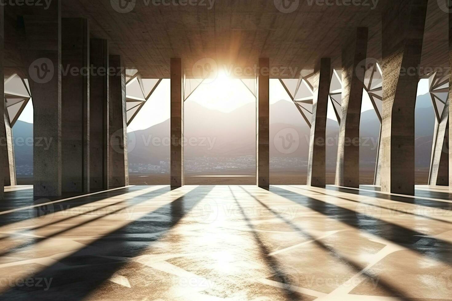 architecture empty room with window and mountain background with sunlight. Generative AI photo