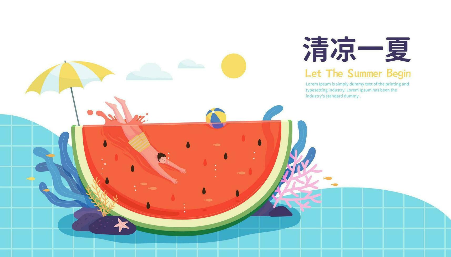 Cute illustration of an Asian boy diving into a huge slice of watermelon. Concept of swimming in summer. Text, Cooling off on hot summer. vector