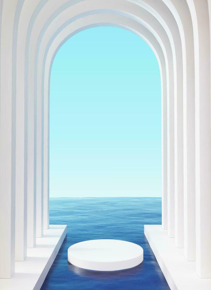 3d surrealista escena diseño con lujo blanco mármol arco corredor en el medio de azul océano. adecuado para producto mostrar. vector